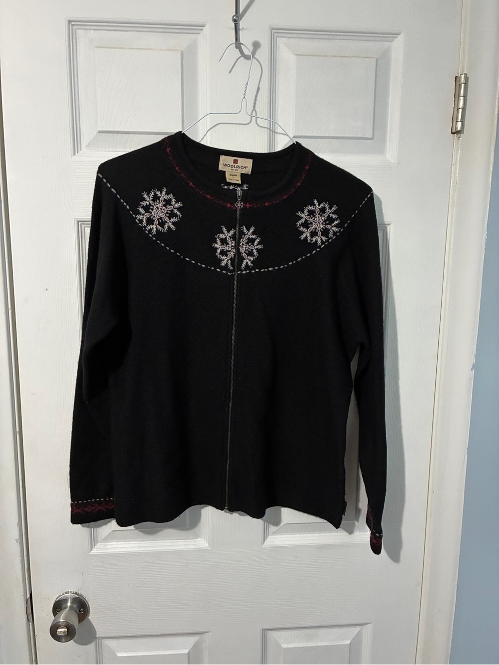 Woolrich Black Zip Front Cardigan with Snowflake Embroidery